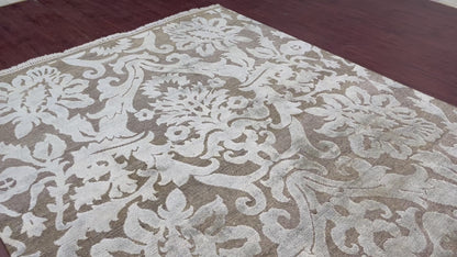 Brown and Grey, Silk and Wool Oxidized Modern Damask Handknotted 5.8x8.8Ft 171x262Cms Area Rug