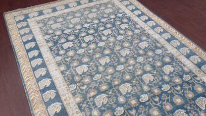 Blue and Ivory Pure Silk Handknotted Area Rug 5.11x8.10ft 180x269Cms