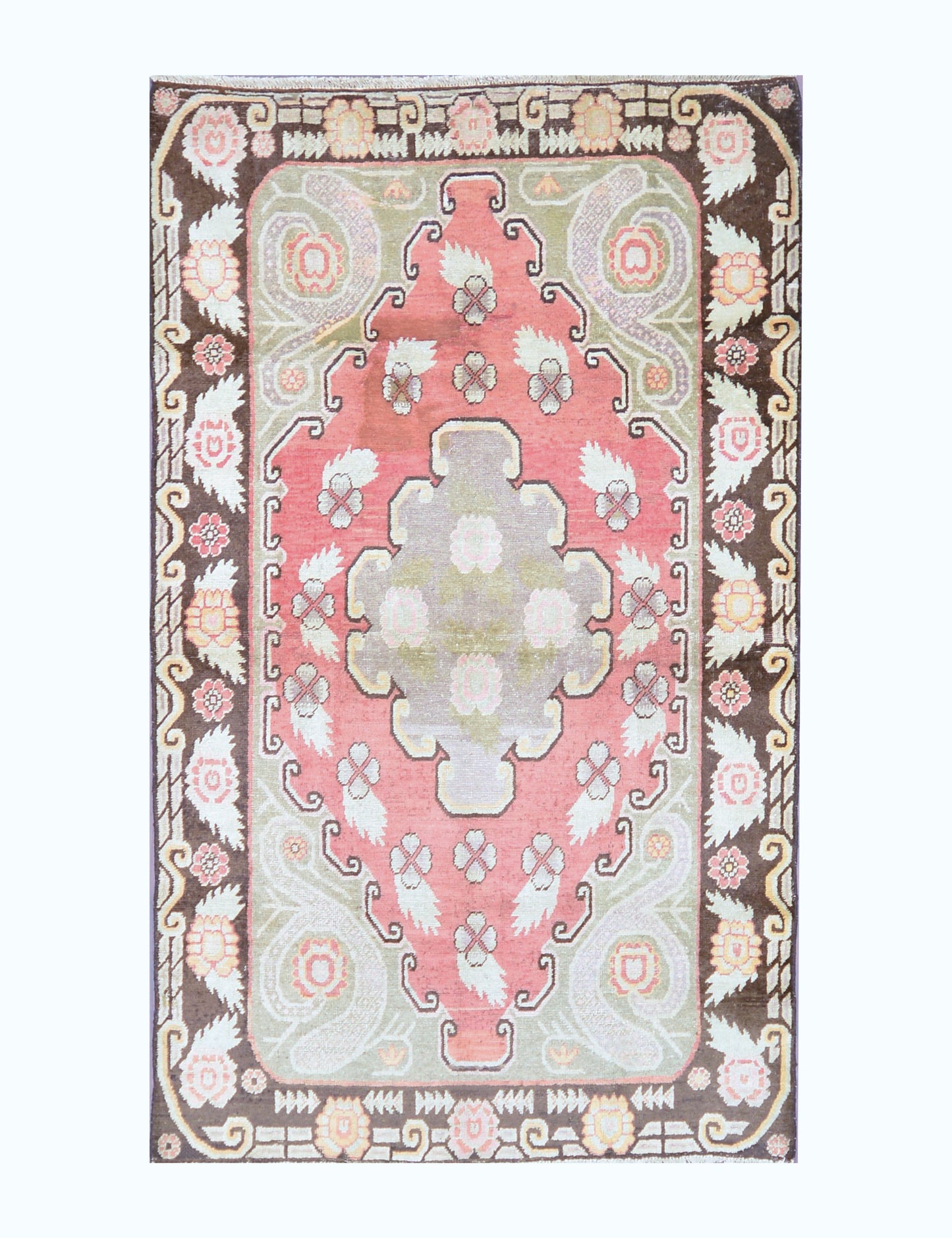 Get trendy with Orange Brown Antique Khotan Handknotted Rug 4.7x7.7ft 138x230cms - Tribal Rugs available at Jaipur Oriental Rugs. Grab yours for $1911.25 today!