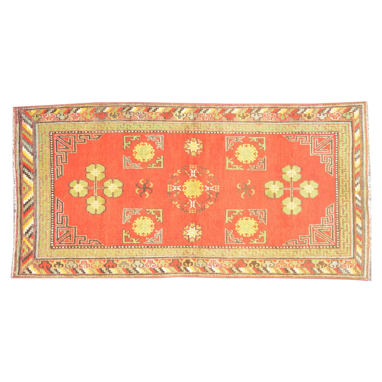 Get trendy with Rust Green Antique Khotan Handknotted Rug 4.1x8.2ft 125x249cms - Tribal Rugs available at Jaipur Oriental Rugs. Grab yours for $1828.75 today!