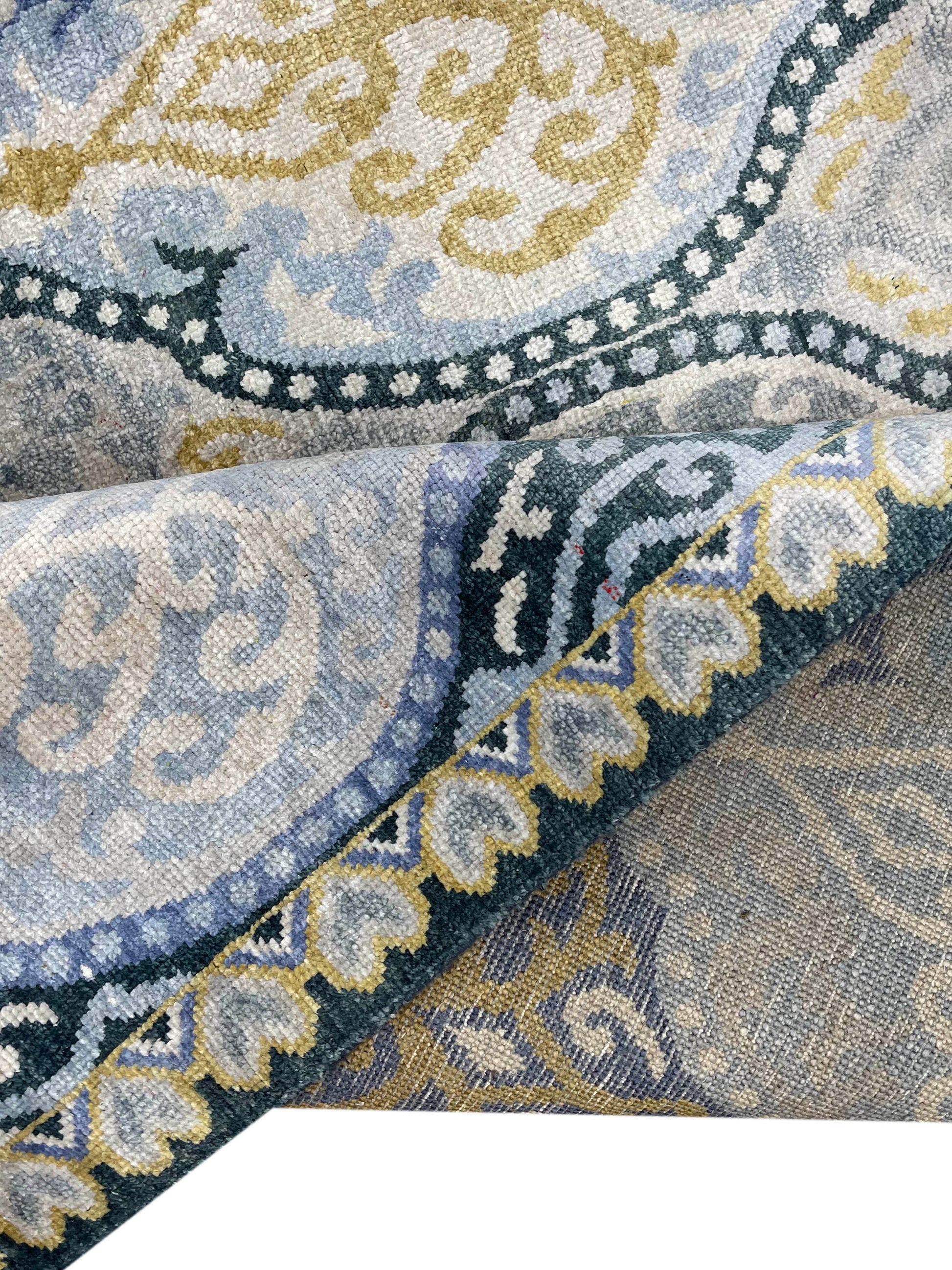 Get trendy with Blue and Grey Pure Silk Transitional Area Handknotted Rug 7.11x10.3ft 240x313Cms - Contemporary Rugs available at Jaipur Oriental Rugs. Grab yours for $5845.00 today!