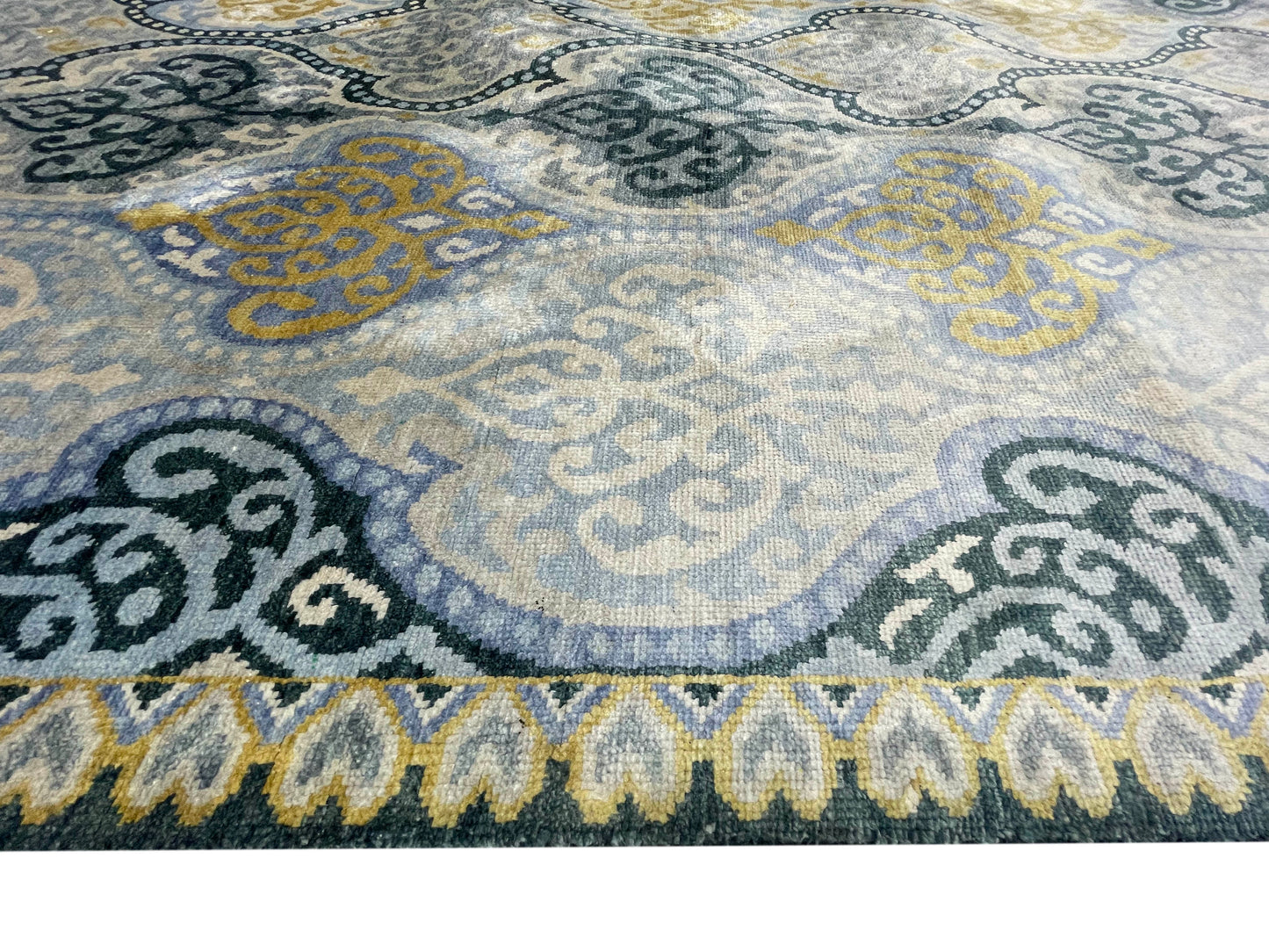 Get trendy with Blue and Grey Pure Silk Transitional Area Handknotted Rug 7.11x10.3ft 240x313Cms - Contemporary Rugs available at Jaipur Oriental Rugs. Grab yours for $5845.00 today!