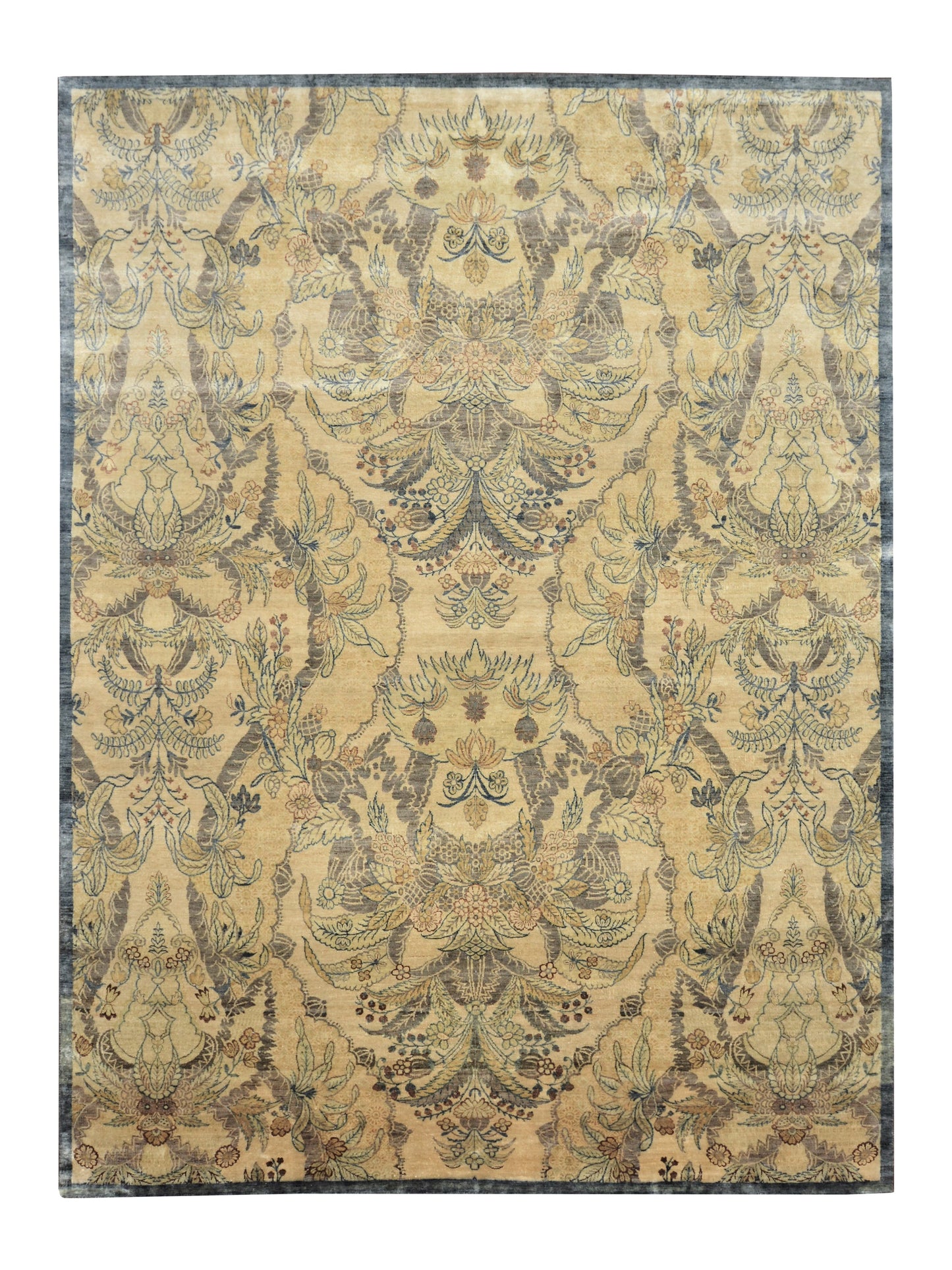 Get trendy with L.Gold and Charcoal Pure Silk Transitional Handknotted Area Rug 8.11x11.11ft 271x367Cms - Contemporary Rugs available at Jaipur Oriental Rugs. Grab yours for $12750.20 today!
