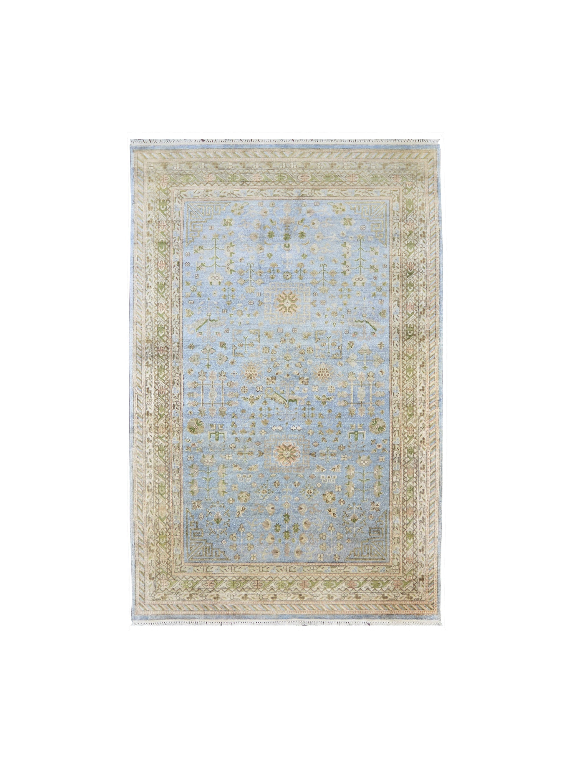 Get trendy with Blue and Camel Pure Silk Tabriz Traditional Handknotted Area Rug 5.9x9.0ft 175X273Cms - Traditional Rugs available at Jaipur Oriental Rugs. Grab yours for $3726.00 today!