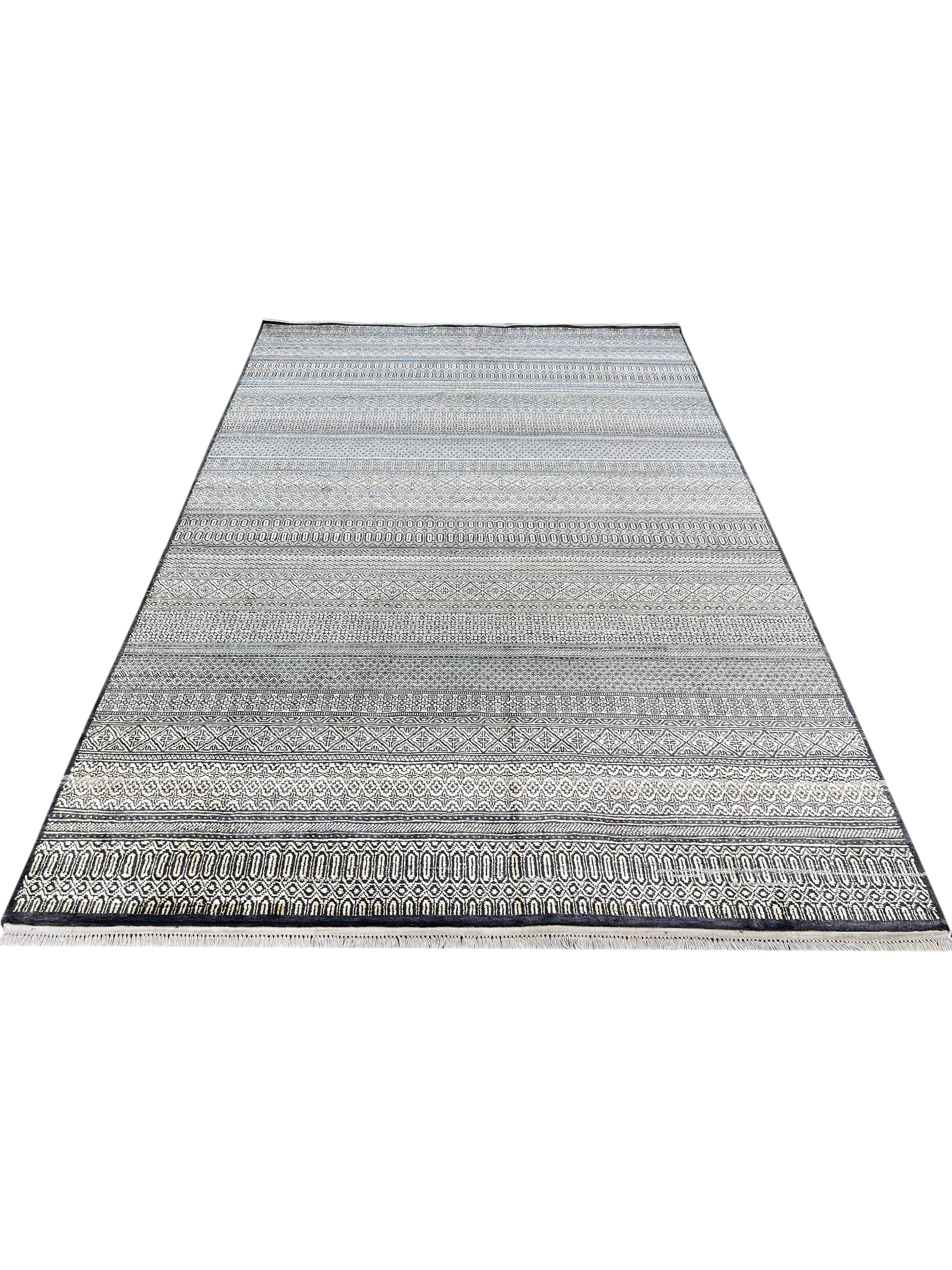 Get trendy with Grey and Ivory Pure Silk Modern Handknotted Area Rug 6.1x9.3ft 185X281Cms - Modern Rugs available at Jaipur Oriental Rugs. Grab yours for $4050.00 today!