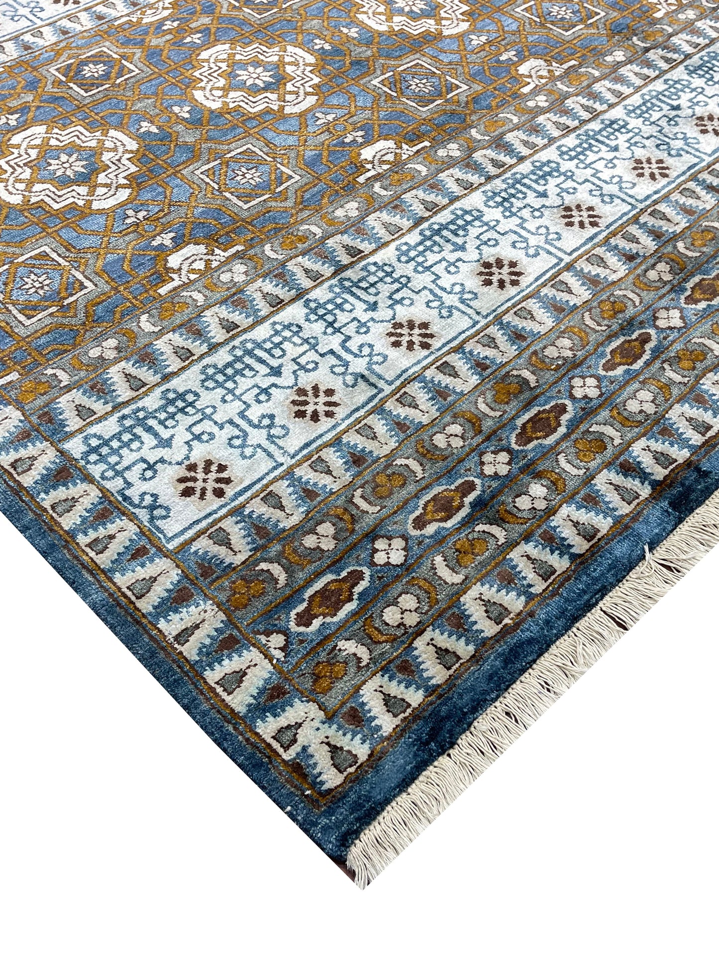 Get trendy with Navy Blue and Ivory Pure Silk Transitional Handknotted Area Rug 6x8.10ft 183X269Cms - Transitional Rugs available at Jaipur Oriental Rugs. Grab yours for $3815.00 today!