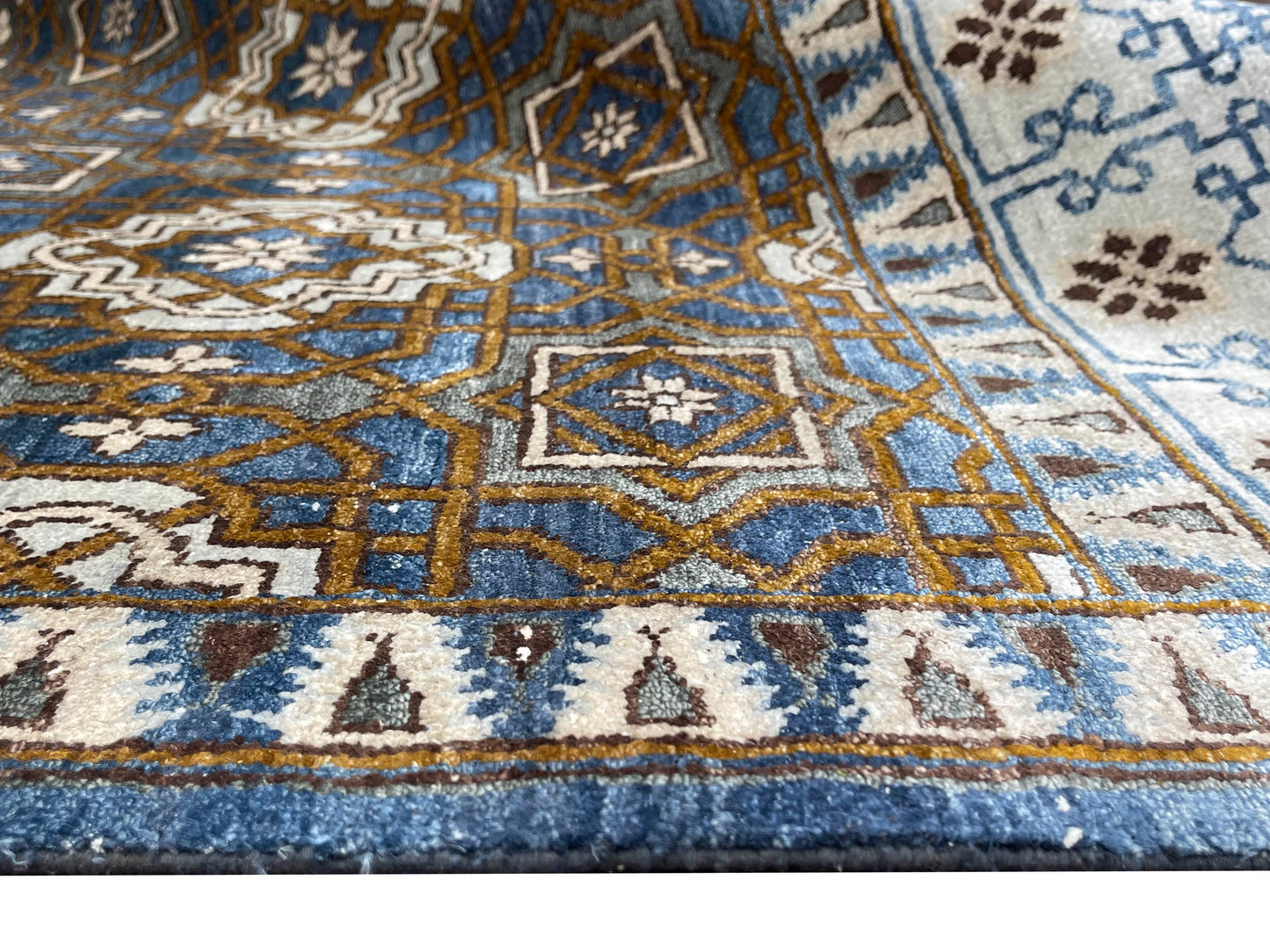 Get trendy with Navy Blue and Ivory Pure Silk Transitional Handknotted Area Rug 6x8.10ft 183X269Cms - Transitional Rugs available at Jaipur Oriental Rugs. Grab yours for $3815.00 today!