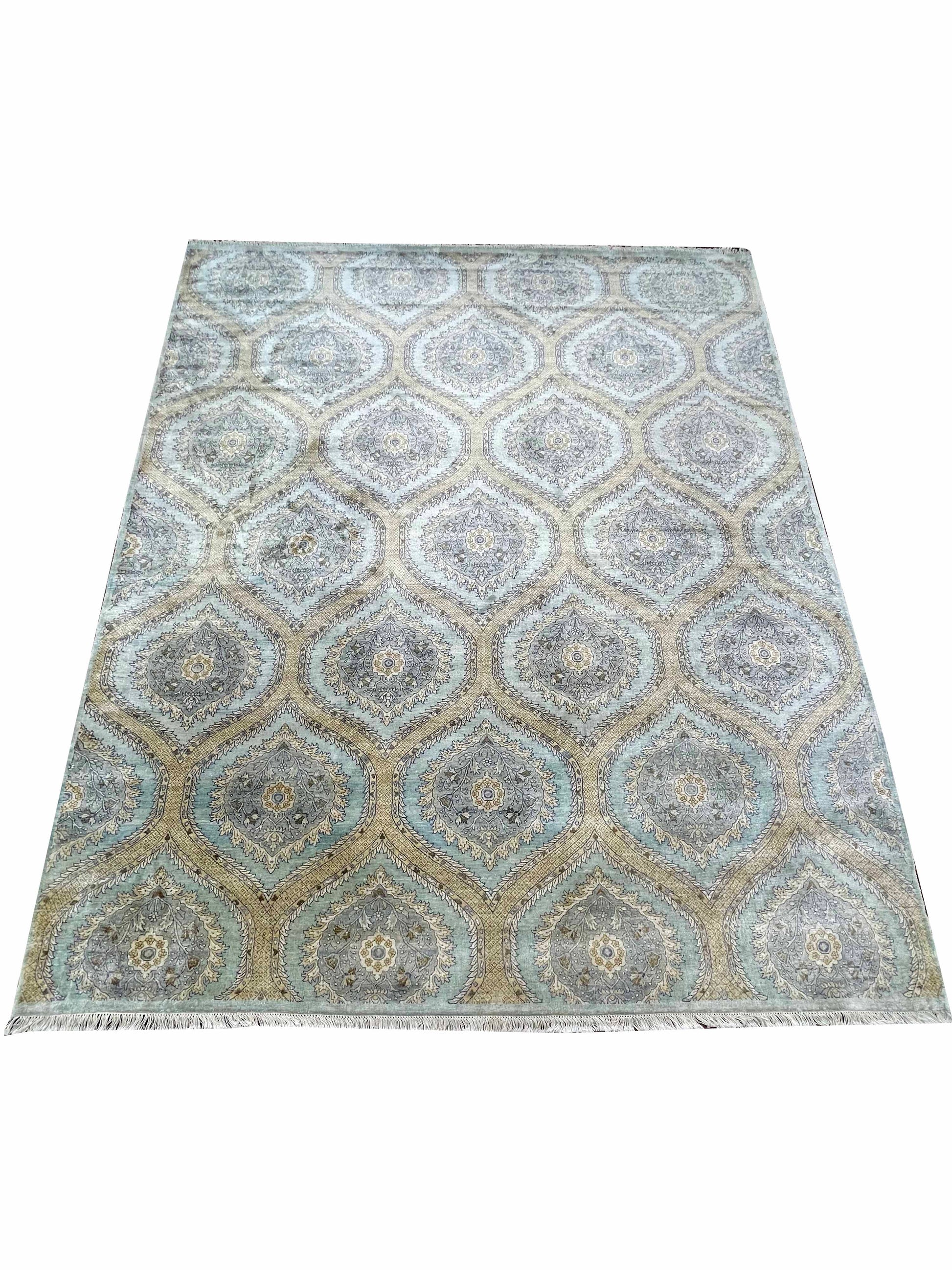 Get trendy with L.blue and Camel Pure Silk Ethnic Handknotted Area Rug  8.1x10.0ft 246x305cms - Traditional Rugs available at Jaipur Oriental Rugs. Grab yours for $5820.00 today!