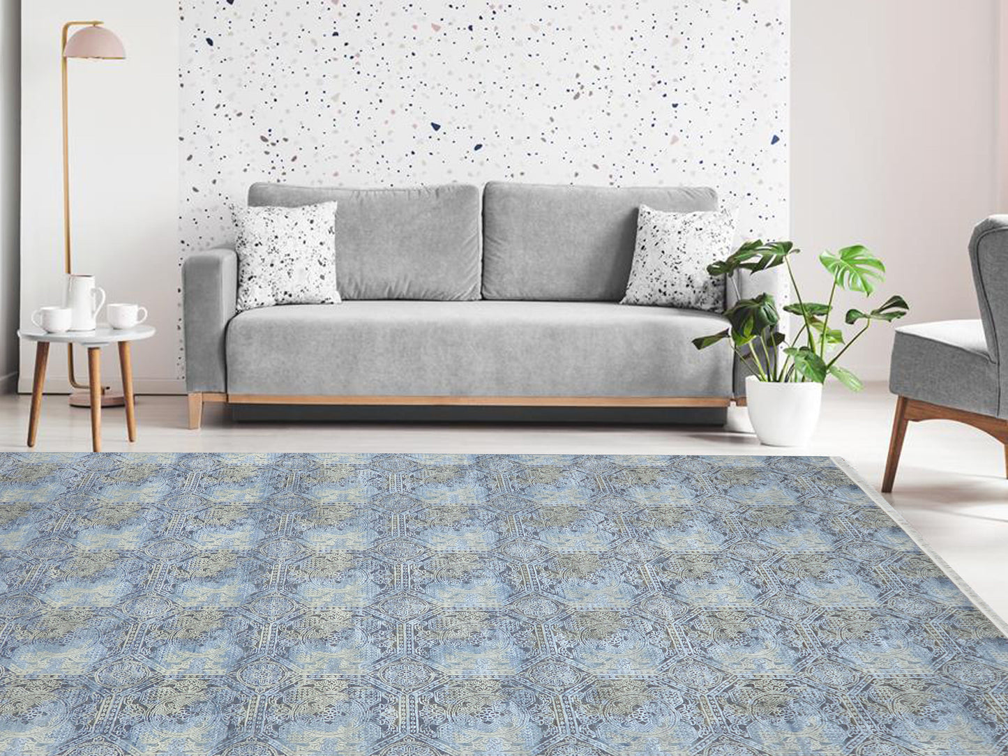 Get trendy with Blue, Grey Silk and Wool Distressed Geometrical Handknotted Area Rug 8.11x12ft 273x365Cms - Contemporary Rugs available at Jaipur Oriental Rugs. Grab yours for $6390.00 today!