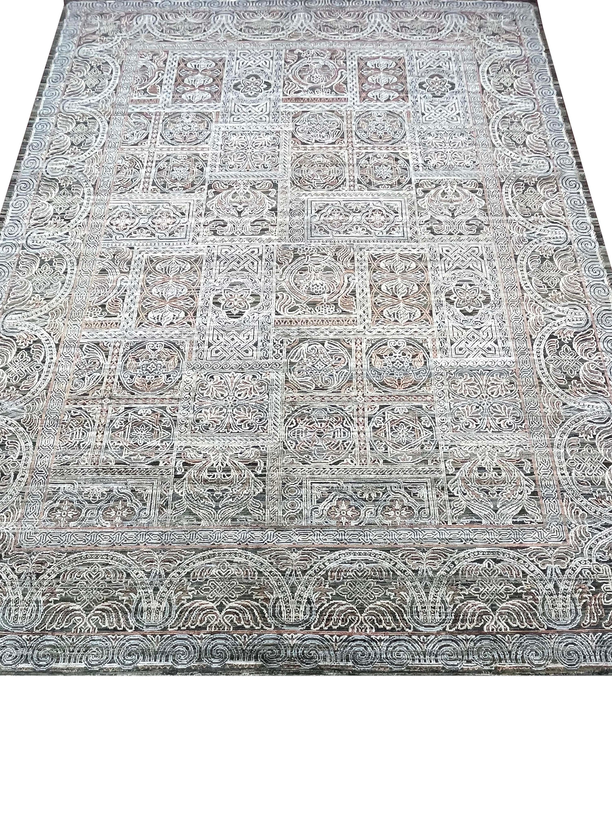 Get trendy with Brown, Ivory Pure Silk Transitional Handknotted Area Rug 8.10x12.1ft 268x368Cms - Contemporary Rugs available at Jaipur Oriental Rugs. Grab yours for $7685.00 today!