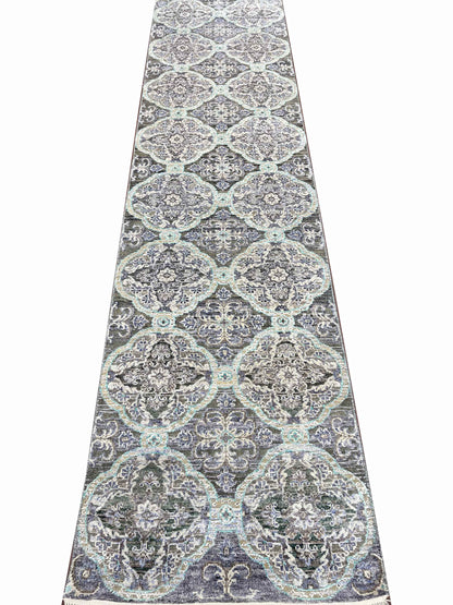 Get trendy with Contemporary Handknotted Runner Rug Aqua and Grey 2.6x10.1ft 75x307cms - Runner Rugs available at Jaipur Oriental Rugs. Grab yours for $1360.00 today!