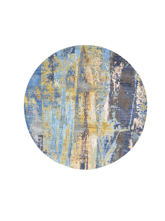 Get trendy with Blue, Gold, Grey and Beige Silk and Wool Modern Handknotted Rond Rug - Modern Rugs available at Jaipur Oriental Rugs. Grab yours for $5640.00 today!
