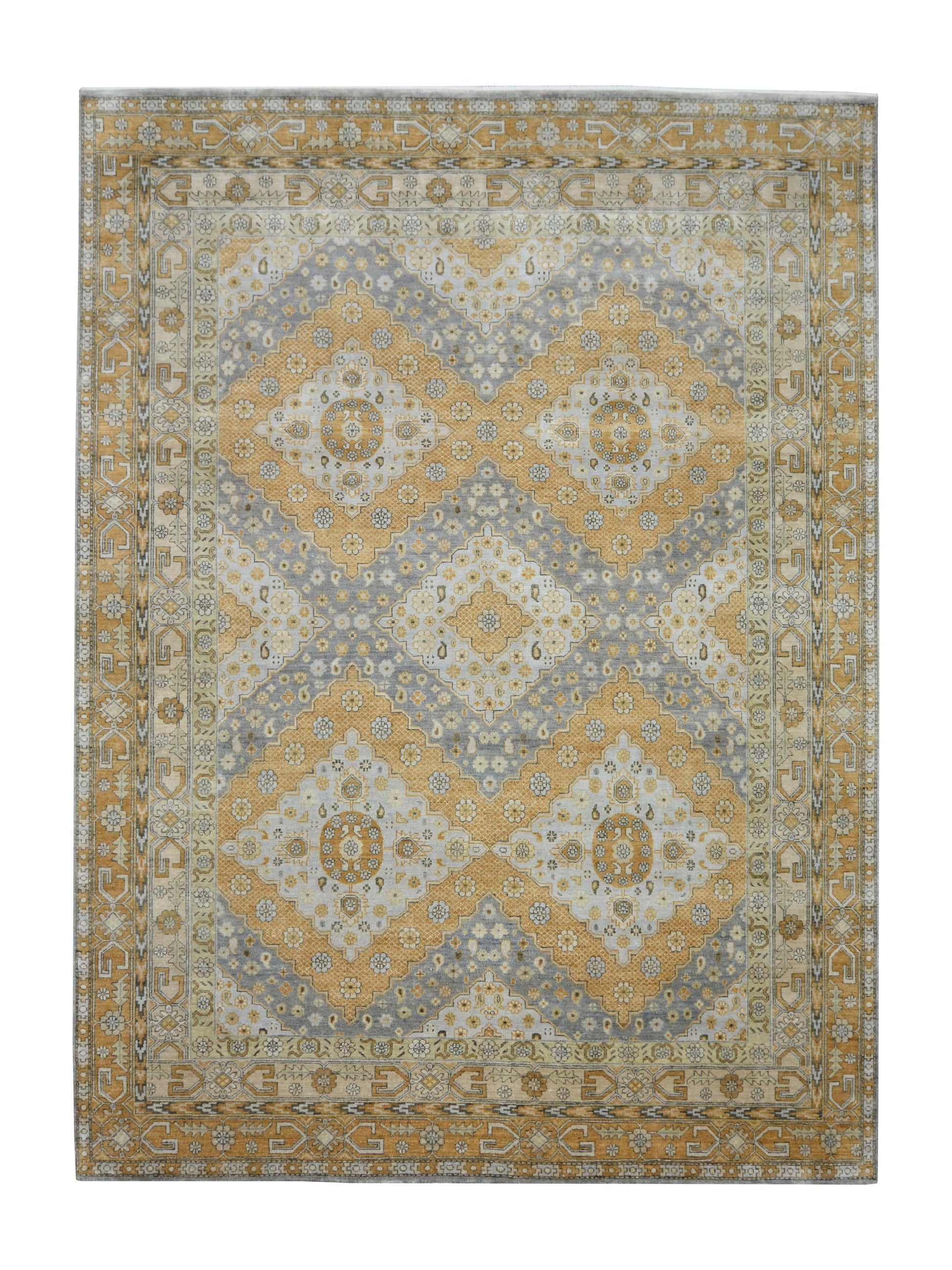 Get trendy with Gold and Grey Pure Silk Traditional Handknotted Area Rug 9.0x12.3ft 274x373Cms - Traditional Rugs available at Jaipur Oriental Rugs. Grab yours for $7940.00 today!