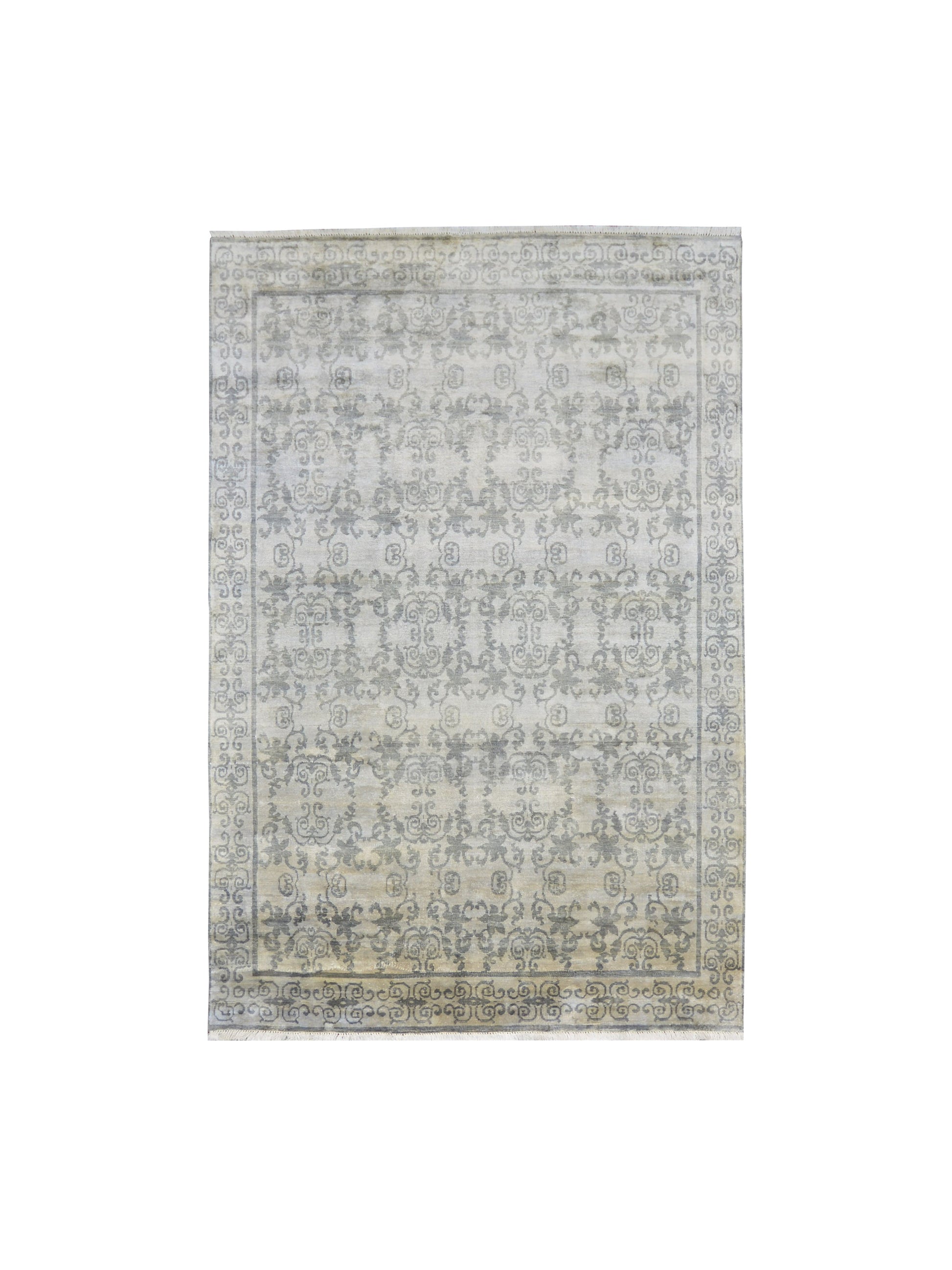 Get trendy with Grey and Grey Pure Silk Handknotted Area Rug 5.11x8.9ft 180x267Cms - Traditional Rugs available at Jaipur Oriental Rugs. Grab yours for $3730.00 today!