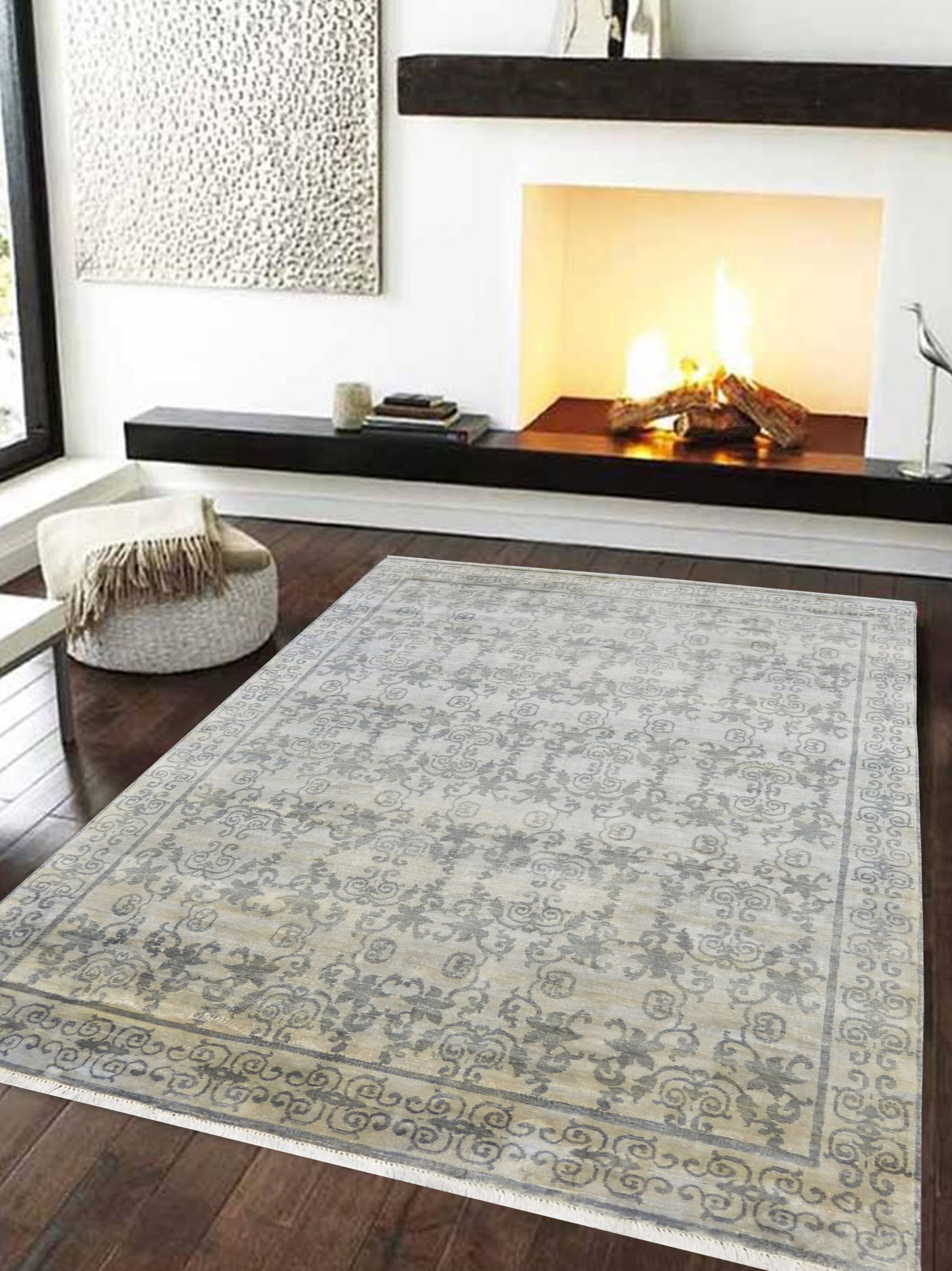 Get trendy with Grey and Grey Pure Silk Handknotted Area Rug 5.11x8.9ft 180x267Cms - Traditional Rugs available at Jaipur Oriental Rugs. Grab yours for $3730.00 today!