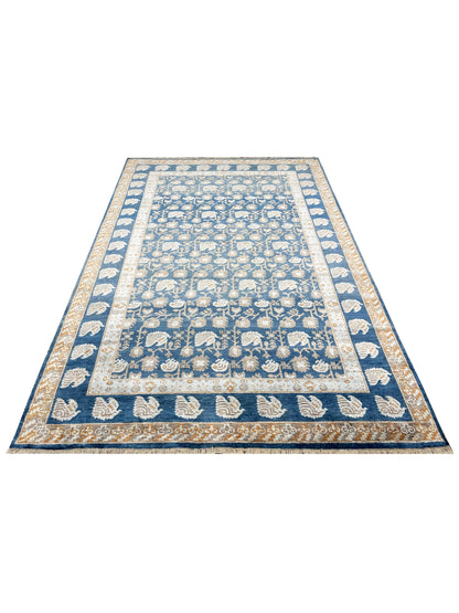 Get trendy with Blue and Ivory Pure Silk Handknotted Area Rug 5.11x8.10ft 180x269Cms - Contemporary Rugs available at Jaipur Oriental Rugs. Grab yours for $3665.00 today!