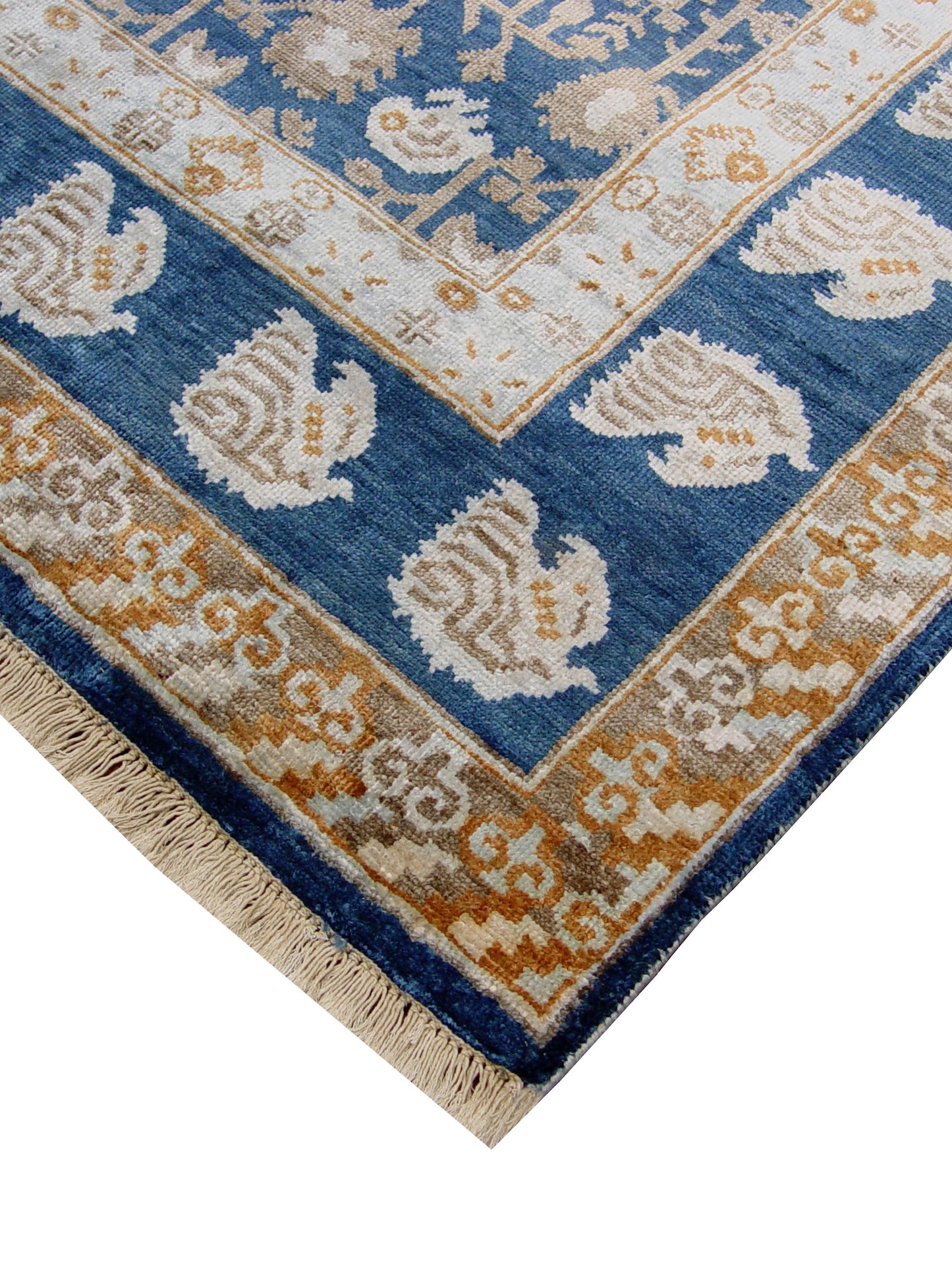 Get trendy with Blue and Ivory Pure Silk Handknotted Area Rug 5.11x8.10ft 180x269Cms - Contemporary Rugs available at Jaipur Oriental Rugs. Grab yours for $3665.00 today!
