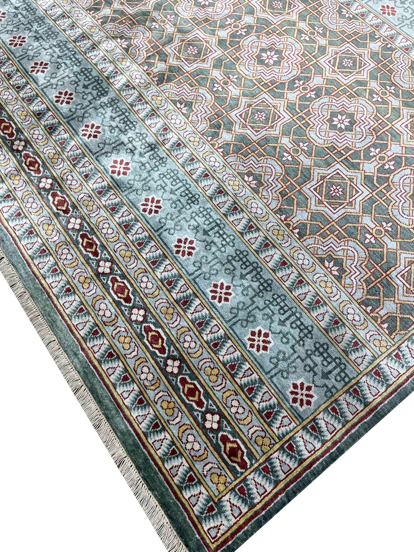 Get trendy with Blue and Multi Pure Silk Geometrical Handknotted Area Rug 7.10x9.11ft 238x302Cms - Traditional Rugs available at Jaipur Oriental Rugs. Grab yours for $5595.00 today!