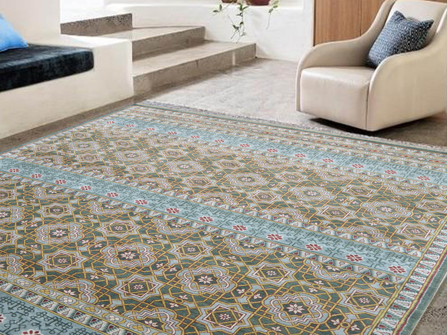 Get trendy with Blue and Multi Pure Silk Geometrical Handknotted Area Rug 7.10x9.11ft 238x302Cms - Traditional Rugs available at Jaipur Oriental Rugs. Grab yours for $5595.00 today!